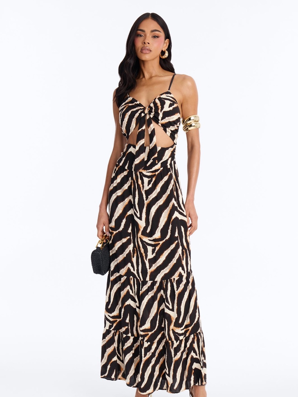 Fashion Nova Black and Cream Zebra Tie-Front Maxi Dress - Large